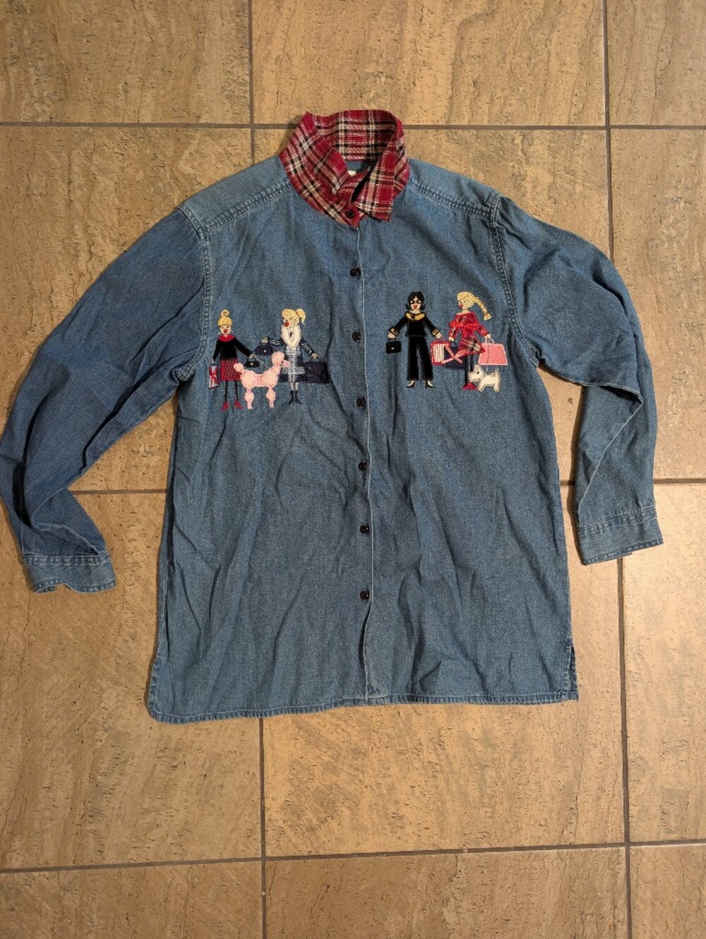 Bobbie Brooks Shirt Women's Denim Christmas Button Down Shoppers Dogs Large
